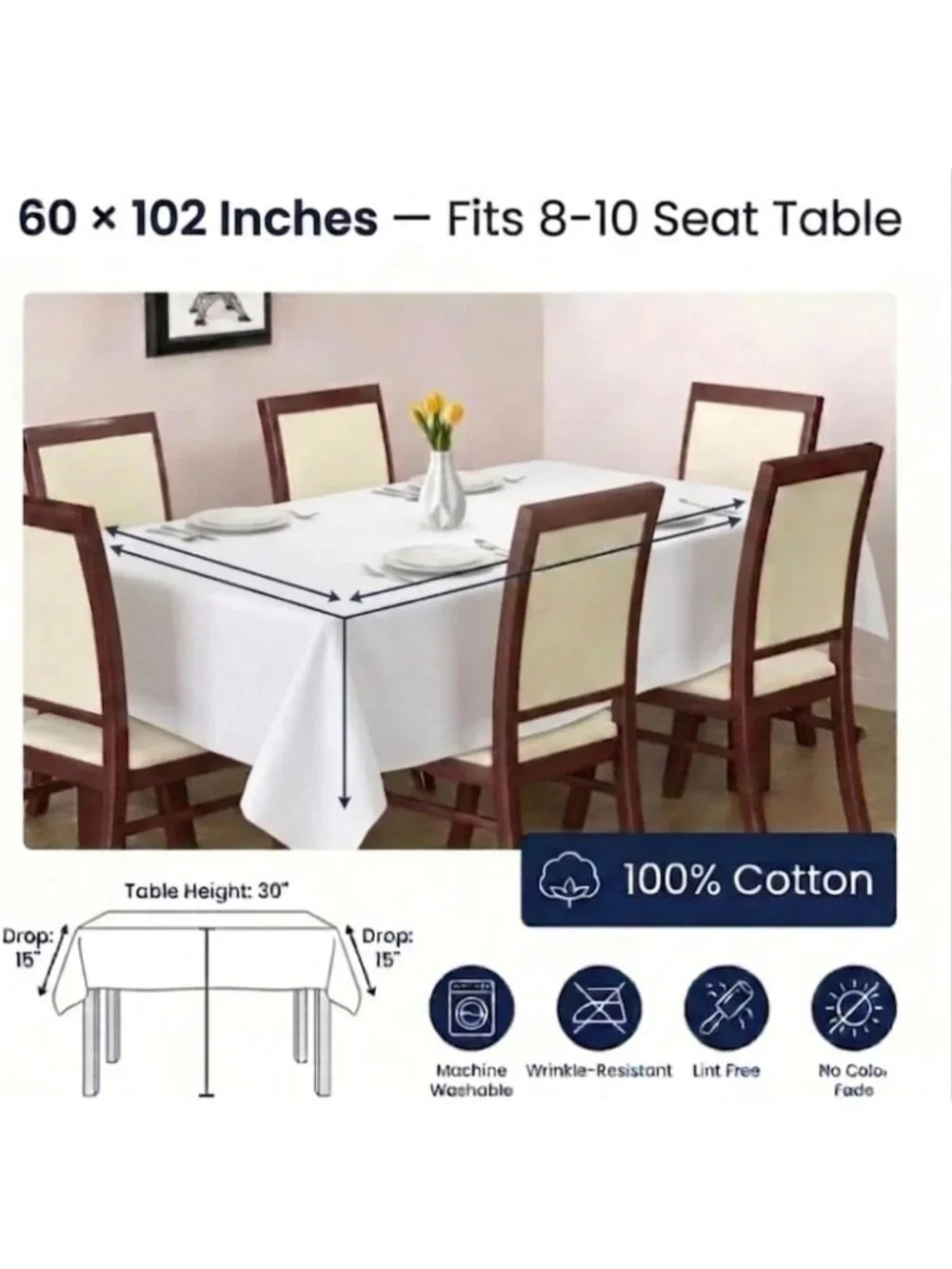 Elegant White Cotton Tablecloth 60x102